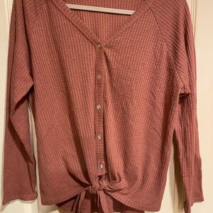 Waffle Knit Button-Front Tie Hem Top - Dusty Rose